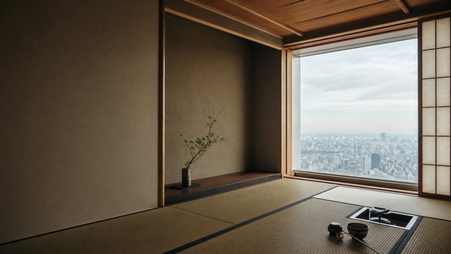 空と都市を望む高層階の静かな茶室のイメージ