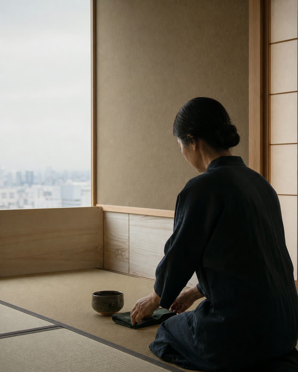 茶席の前に茶碗と帛紗を整える茶人の後ろ姿